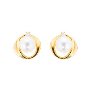 9ct Yellow Gold Fluid Pearl 0.04ct Stud Earrings